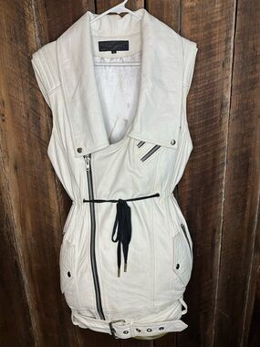 White Sleeveless Moto Vest Jacket with Drawstring Waist